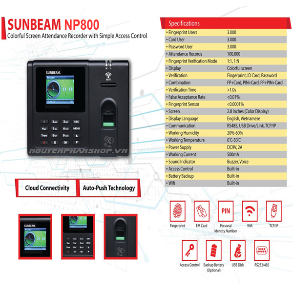 Máy chấm công vân tay Sunbeam NP800 Wifi